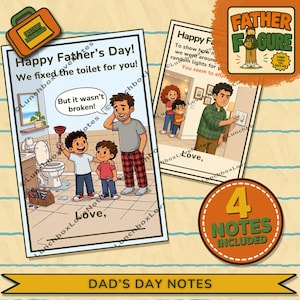Puede incluir: Dos tarjetas de felicitación para el Día del Padre con ilustraciones de dibujos animados. Una muestra a niños con un desatascador en un baño con el texto Happy Father's Day! We fixed the toilet for you! La otra muestra a una persona apagando luces.