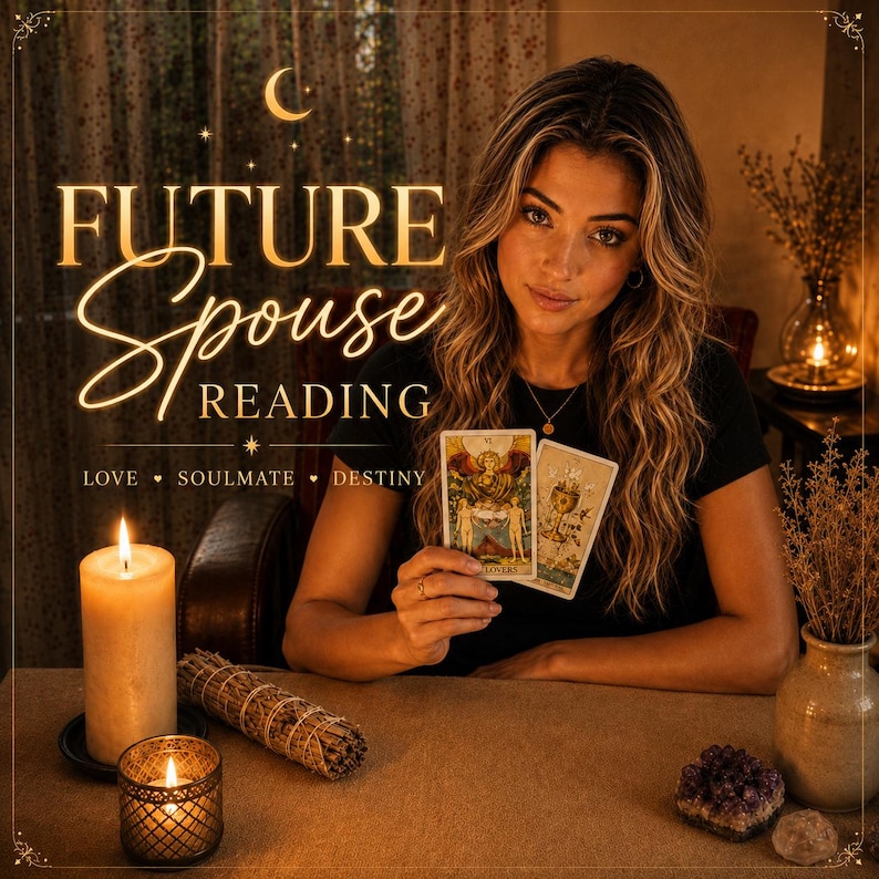 Woman holding tarot cards with bold text Future Spouse Reading, marriage destiny, future love prediction, soulmate insight and romantic destiny tarot reading