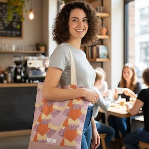 Peut inclure: Un sac fourre-tout en toile avec un motif géométrique aux tons orange, rose et beige. Le sac a un fond rose uni et des sangles crème. Le sac est porté par une personne dans un café.
