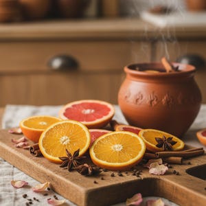 Puede incluir: Una tabla de cortar de madera rústica muestra naranjas en rodajas, pomelos, anís estrellado y palitos de canela. Una olla de terracota con vapor ascendente se encuentra detrás de la fruta. Pétalos de rosa y granos de pimienta están esparcidos.