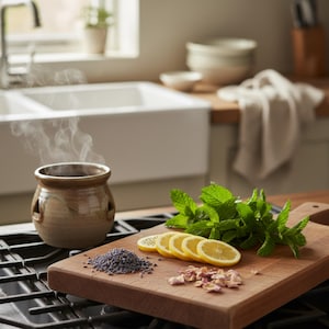 May include: A brown ceramic aromatherapy diffuser with steam rising from it, next to a wooden cutting board with lemon slices, fresh mint, lavender, and rose petals. The kitchen setting includes a white sink and a gas stove.