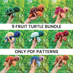 May include: A collection of nine crochet turtle patterns titled 9 FRUIT TURTLE BUNDLE ONLY PDF PATTERNS. Each turtle features a unique fruit-inspired shell design in various colors including green, brown, pink, yellow, blue, and red.