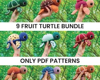 Pacchetto di modelli all'uncinetto di tartarughe di frutta in formato PDF da scaricare, pacchetto di modelli all'uncinetto di tartarughe di frutta adatti ai principianti, tartarughe di frutta carine, uncinetto imbottito