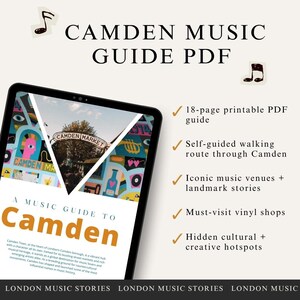 Op de afbeelding: Een digitale Camden Music Guide PDF op een tablet. De gids bevat informatie over zelfgeleide wandelroutes, iconische muzieklocaties, platenzaken en verborgen culturele hotspots. De cover luidt "A Music Guide to Camden".