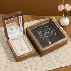 Personalized Wedding Necklace Box, Wooden Necklace Box, Custom Jewelry Box, Necklace Box with Mirror, Necklace Box with Clear Lid, Gift
