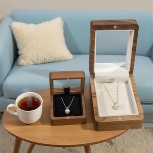 Personalized Wooden Necklace Box, Custom Jewelry Box, Wedding Necklace Box, Necklace Box with Mirror, Necklace Box with Clear Lid, Gift