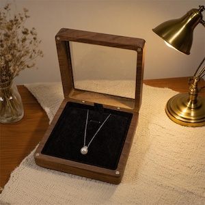 Custom Jewelry Box, Personalized Wedding Necklace Box, Wooden Necklace Box, Necklace Box with Mirror, Necklace Box with Clear Lid, Gift