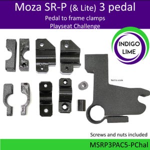May include: A collection of black pedal to frame clamps for Moza SR-P (& Lite) 3 pedal systems. The image shows various clamp designs, screws, and nuts. Text on the image reads "Pedal to frame clamps" and "Playseat Challenge."
