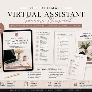 Op de afbeelding: Een digitale marketingafbeelding met de tekst "The Ultimate Virtual Assistant Success Blueprint". De afbeelding bevat een tablet, notitieboekjes en een kopje koffie. De tekst belooft te leren hoe je geld kunt verdienen als virtuele assistent.