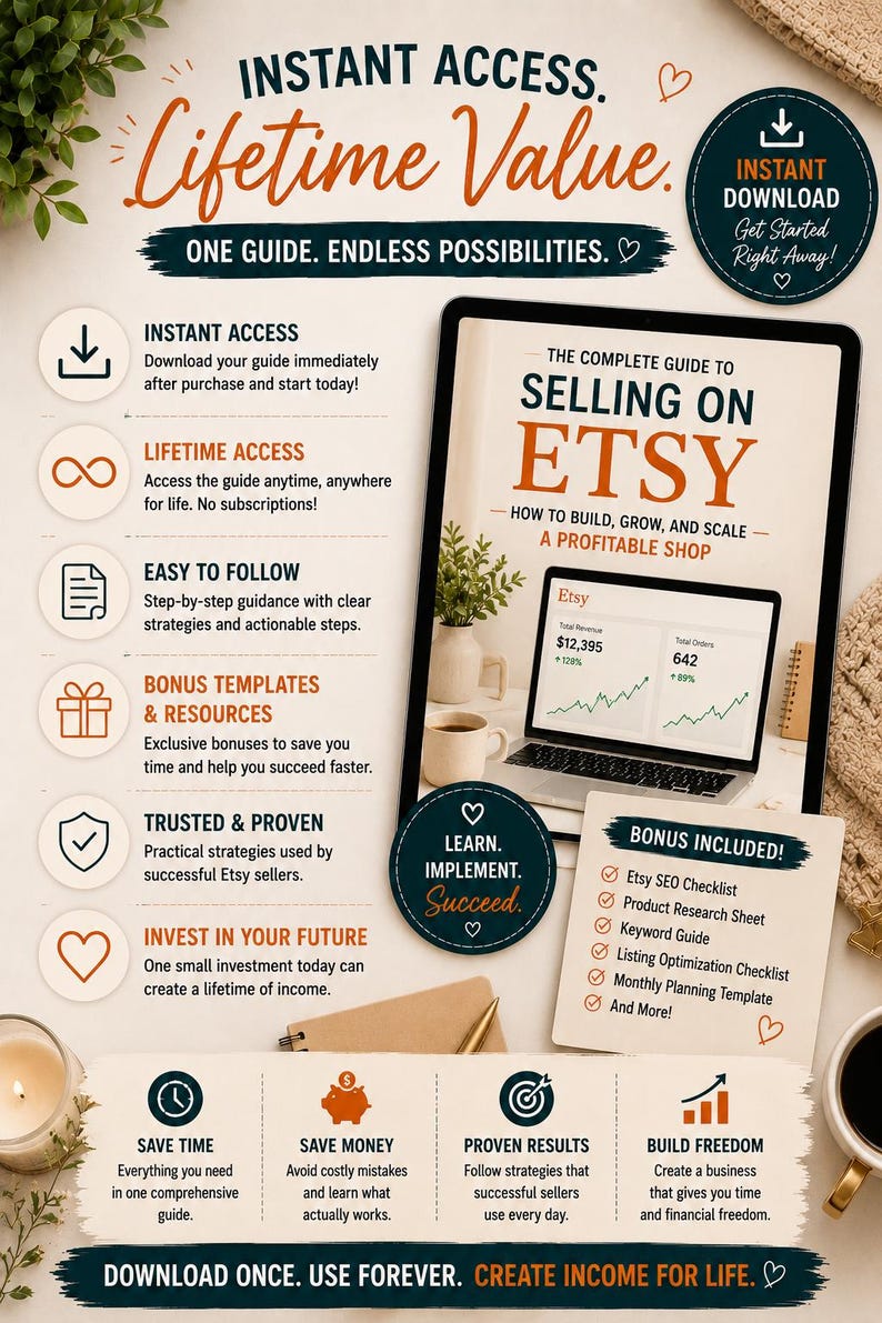May include: An advertisement for an Etsy seller's guide. The image features a laptop displaying an Etsy shop's revenue, along with text that reads "The Complete Guide to Selling on Etsy." Additional text highlights bonuses and benefits.
