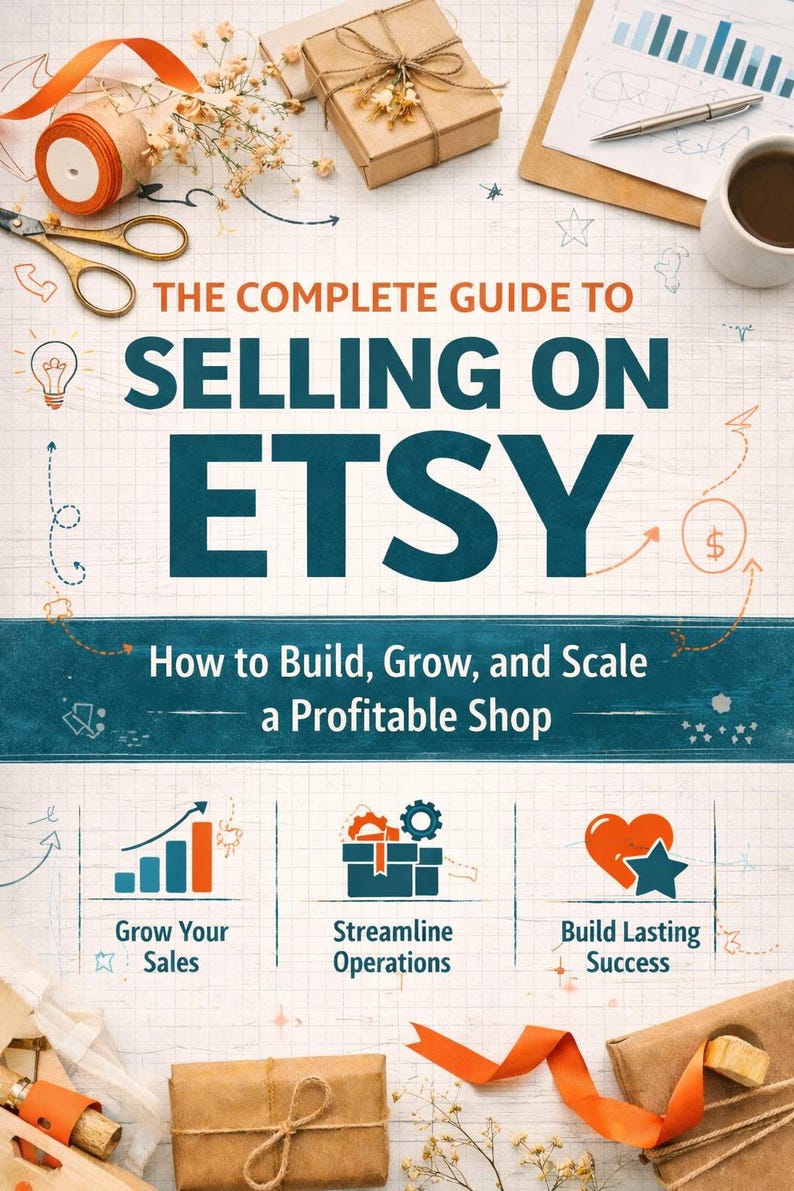 May include: A promotional image for Etsy sellers. The image features the text "THE COMPLETE GUIDE TO SELLING ON ETSY" and "How to Build, Grow, and Scale a Profitable Shop." The image also includes graphics and decorative elements.