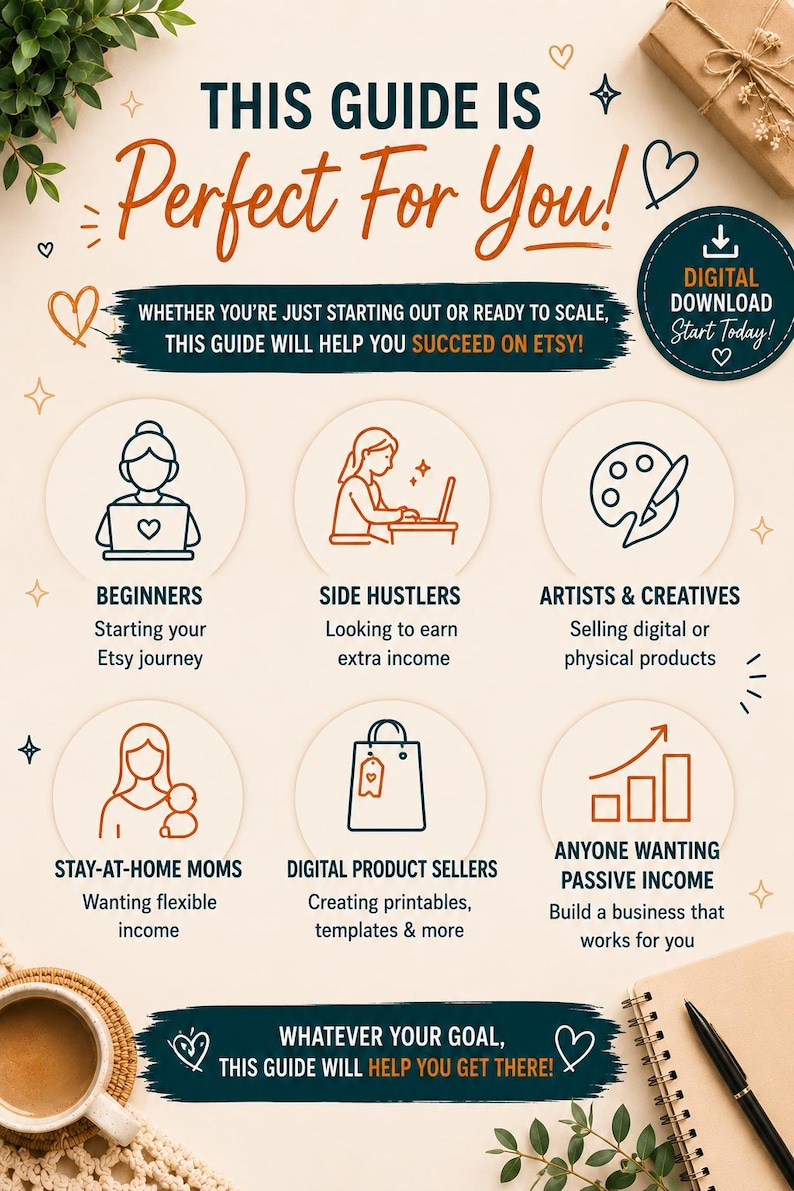 May include: A guide with the text "THIS GUIDE IS Perfect For You!" and "SUCCEED ON ETSY!" is displayed. The guide is for beginners, side hustlers, artists, stay-at-home moms, digital product sellers, and anyone wanting passive income. A digital download is available.
