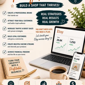 May include: An advertisement promoting an Etsy business guide. The image features a laptop and smartphone displaying Etsy data, a notepad, a coffee cup, and text that reads "From Zero to Profitable." The guide promises to help users build a thriving Etsy shop.