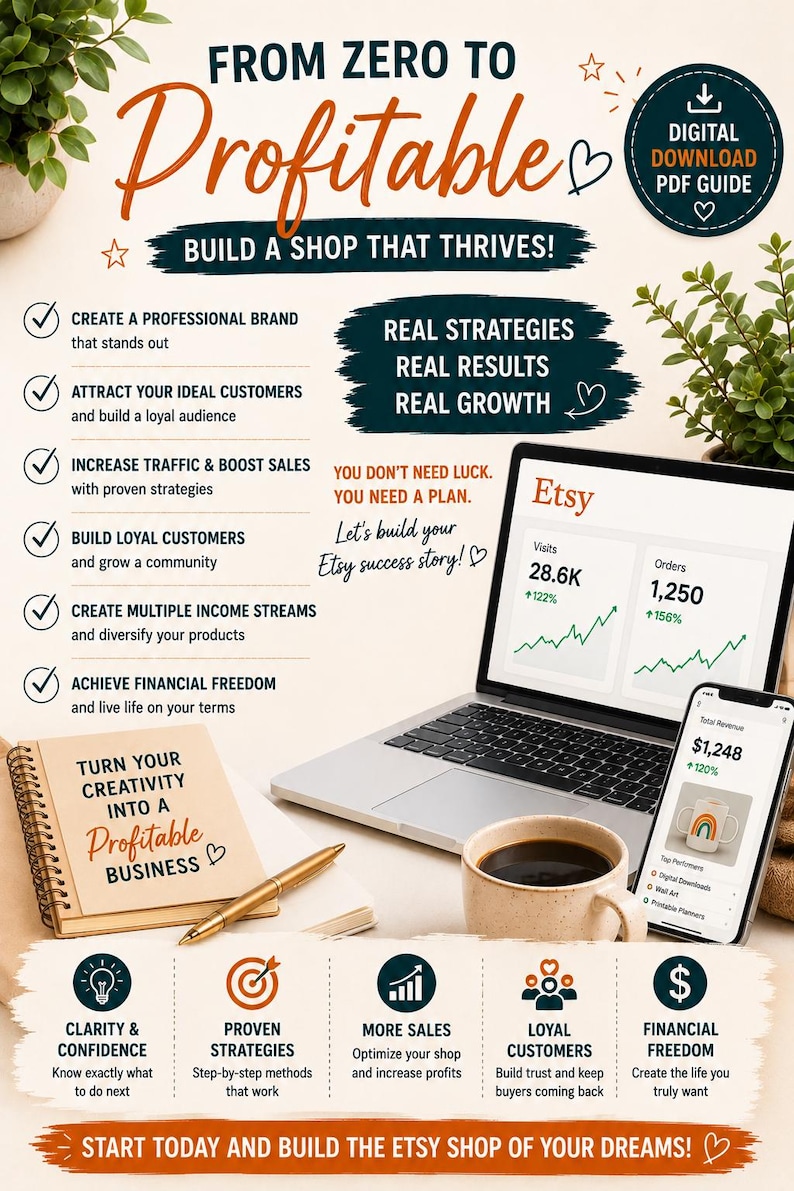 May include: An advertisement promoting an Etsy business guide. The image features a laptop and smartphone displaying Etsy data, a notepad, a coffee cup, and text that reads "From Zero to Profitable." The guide promises to help users build a thriving Etsy shop.