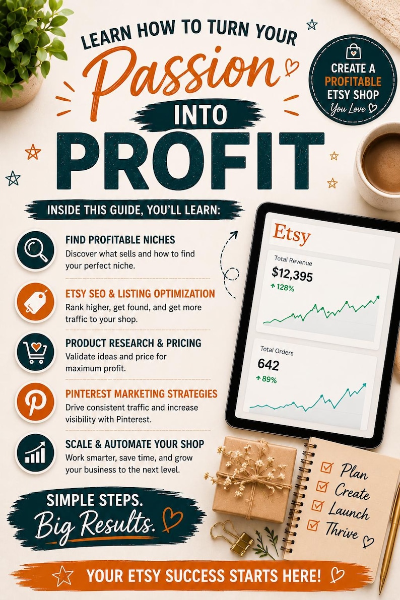 May include: An Etsy business guide with the text "Learn How to Turn Your Passion Into Profit." The image includes a tablet displaying Etsy revenue, a notebook, and a coffee cup. The guide covers topics like SEO, pricing, and Pinterest marketing.