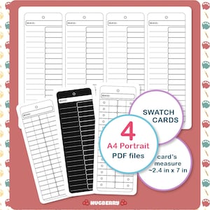 May include: A set of white swatch cards with a black and white design, including four A4 portrait PDF files. The cards measure approximately 6.1 cm by 17.8 cm. The word "BRAND" is printed on the top of the cards.