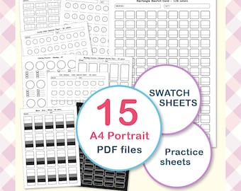 May include: A collection of 15 A4 portrait PDF swatch sheets and practice sheets. The sheets include color charts, shadow charts, and rectangle swatch cards. The text on the image says "SWATCH SHEETS" and "Practice sheets". The brand name "HUGBERRY" is also visible.