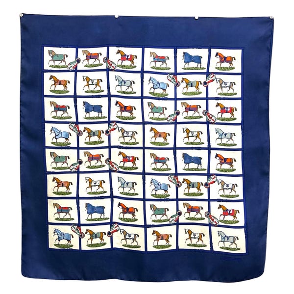 Vintage HERMÈS Silk Scarf, Navy Blue Horse Motif, Hand-Rolled Edges, 30" Square Wrap.