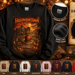 Felpa girocollo con stampa di un poster horror vintage ispirato a Halloween Town Graveyard.