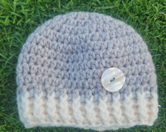 Wool newborn hat - wool beanie - natural wool infant hat - vintage button - crochet wool hat - knitted wool hat