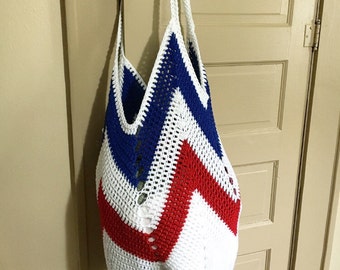 Tote bag - crochet market bag - beach bag - crochet tote - ecofriendly - free shipping - red white and blue bag