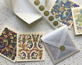 Twelve Florentine Gift Cards on Buff BFK with Pearlescent Vellum Envelopments and Gold Stickers