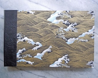 Japanese Yuzen Waves and Recycled Black Leather Guest Book Album