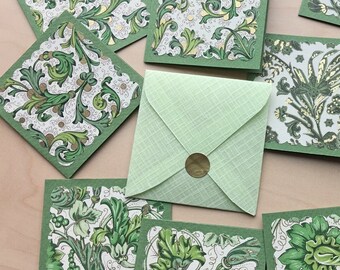 Twelve Green Florentine Gift Cards with Mint Linen Vellum Envelopes and Gold Stickers