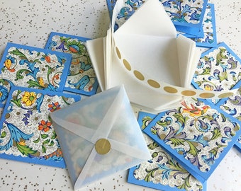 Twelve Blue Florentine Gift Cards with Pearlescent Vellum Envelopments and Gold Stickers