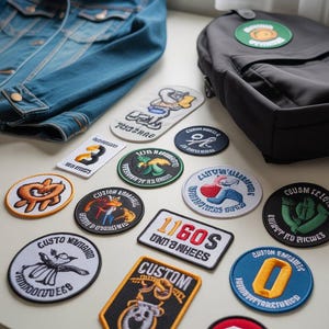 Peut inclure: Une veste en jean bleue et un sac à dos noir sont présentés avec divers écussons brodés. Les écussons présentent des motifs et des textes colorés, dont "1160S UND WHEES" et "CUSTOM ENIGMAUSE". Les écussons sont de formes et de tailles variées.