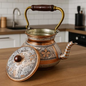 Handmade Engraved Copper Teapot: Turkish Samovar Style Kettle