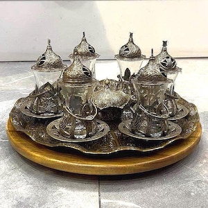 Ottoman Style Copper Tea Set | 6 Glasses, Sugar Bowl & Engraved Tray | Turkish Home Decor | Perfect Gift for Tea Enthusiasts
