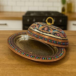 Hand-Painted Copper Serving Plate with Lid | Traditional Turkish Ottoman Style 