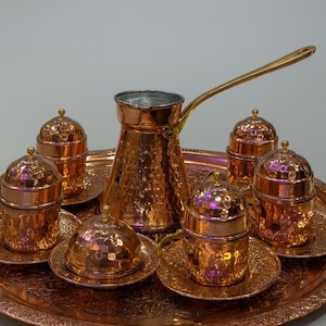Handcrafted Turkish Copper Coffee Set: Ottoman Style, 6 Cups