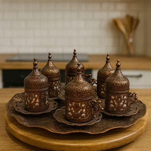 Handcrafted Turkish Coffee Set: Ottoman Tray, Cups & Delight Bowl