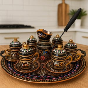 Elegant Turkish Coffee Set with 6 Copper Cups and Serving Tray | Handcrafted Heritage Design