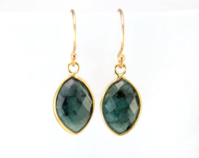 Raw Emerald Earrings, May Birthstone Earrings, Small Drop Earrings, Marquise Earring, Bridesmaid Gift, Birthday Gift, Gemstone Earrings