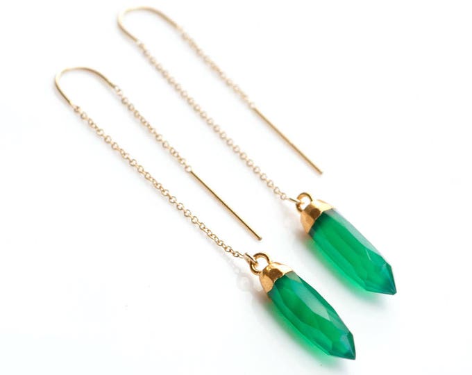 Green Onyx Earrings, Gold Spike Ear Threaders, 14k Gold Filled Minimalist Earrings, Statement Jewelry, Gift for Her, Birthday Gift, TH-B