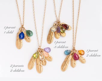 Custom Birthstone Necklace for Moms, Feather Charm Necklace, Gemstone Necklace, 14k Gold Filled, Personalized Family Jewelry, Boho Necklace