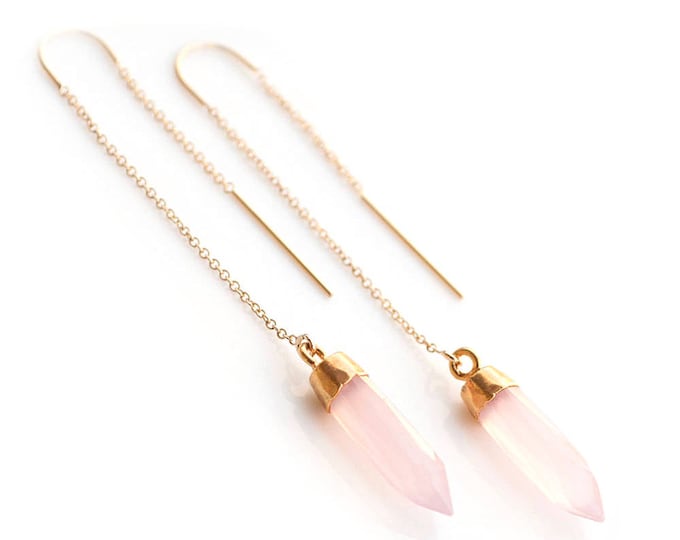 Pink Chalcedony Threader Earrings, 14k Gold Filled Gemstone Earring, Minimalist Jewelry, Ear Threader Earring, Dainty Drop Chain, TH-B