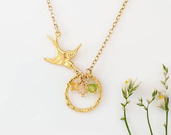 Gold Bird Nest Pendant, Custom Birthstone Necklace, Gift for Mom, Mama Bird Necklace, One of a Kind Gift, Grandma Necklace, Unique Gift