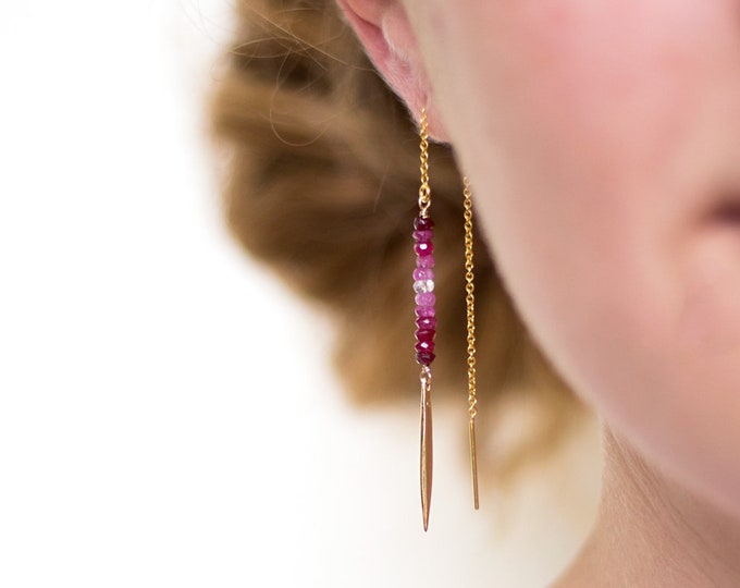 Ombre Ruby Earrings, Beaded Drop Earrings, July Birthstone Gift, Gemstone Bar Threaders, Gold Thread Through Earrings, Needle Ear Threaders,
