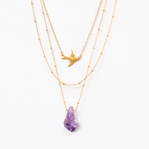 Layered Necklace Set, Set of 3 Necklaces, Raw Gemstone Necklace, Satellite Chains, Sparrow Bird Necklace, Layering, Statement Jewelry, Boho