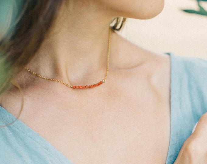 Crystal For Attraction, Orange Carnelian Necklace, Crystal Necklace, Dainty Wire Wrapped Real Gemstone Bar Necklace, Layering