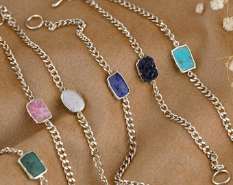 Chunky Silver Toggle Bracelets, Thick Curb Chain Stacking Bracelet / Layering Necklace, Natural Gemstone Slice Crystal Charm, Christmas Gift