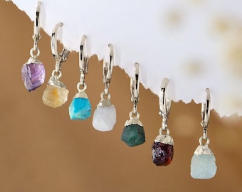 Silver Raw Crystal Huggies, Tiny Gemstone Charm Hoop Earrings, Dainty Minimalist Stacking Birthstone Huggie, Gift for Friend Daughter Sister