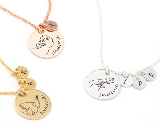 Personalized Mama Necklace, Custom Kid's Initial Charms, Dainty Disc Circle Pendant, Unique Artsy Gift, Inspirational Christmas Necklace