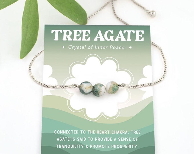 Tree Agate Gemstone Bracelet, Crystal of Inner Peace Tranquility Gift, Moss Agate Beaded Stacking Bracelet Adjustable Pull Tie Silver Chain