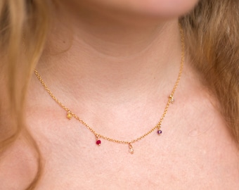 Custom Necklace for Mom, Minimalist Birthstone Necklace, Family Tree Necklace, Christmas Personalized, Beaded Birthstone Satellite Chain