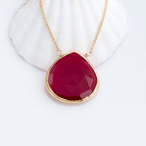 Viva Magenta, Ruby Pendant Necklace, July Birthstone Gift, Wire Wrapped Teardrop Gemstone Layering Necklace, Bezeled Faceted Ruby Quartz